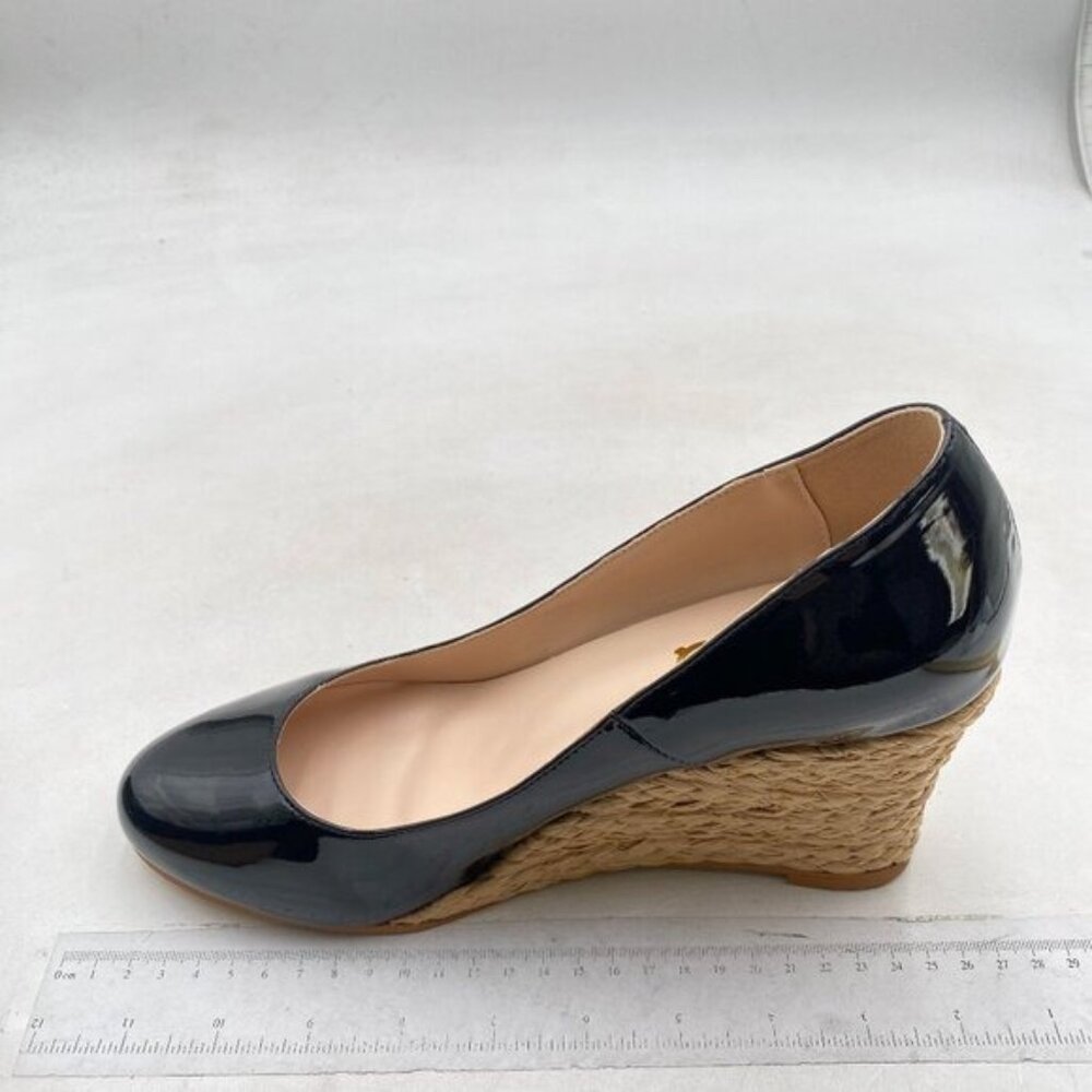 FSJ Women Round Toe Wedge Heels Pumps Closed Toe Solid Slip On Mid Heels Black